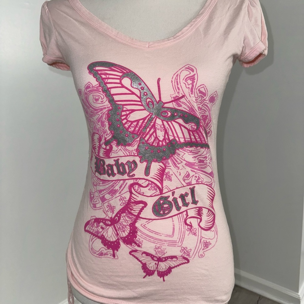 Y2K Baby‎ Girl Pink Butterfly Tattoo Tee Common Threads M Side Ruched Vintage